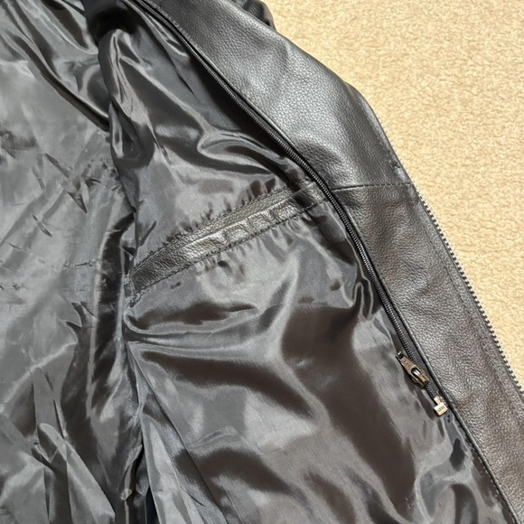 Leather Motorcycle Jacket Mens 44 Black Belted Side Lace Biker Zip Pockets - Picture 9 of 16